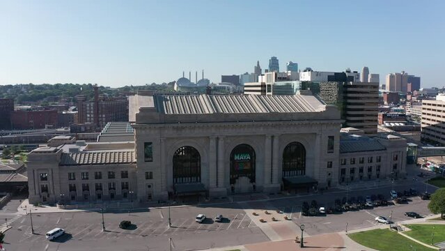 Aerial close-up panning shot of historic Union Station in Kansas City, Missouri. 4K