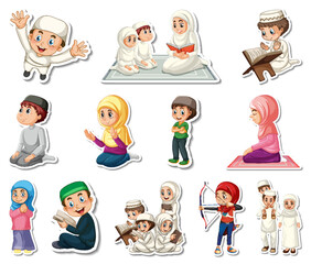Sticker set of Islamic religious symbols and cartoon characters