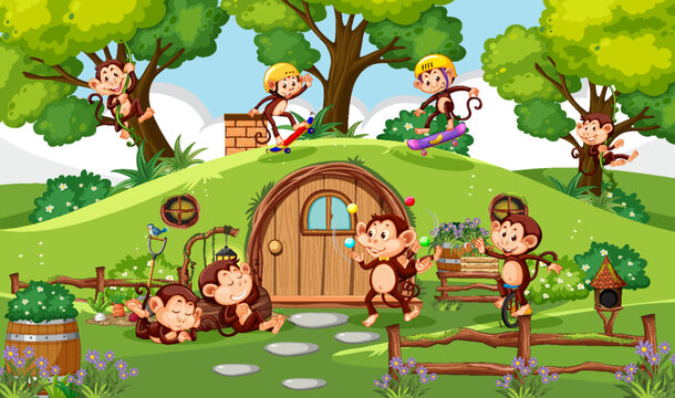 Happy monkey family in the forest