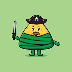 Cute cartoon mascot character chinese rice dumpling pirate with hat and holding sword in modern design