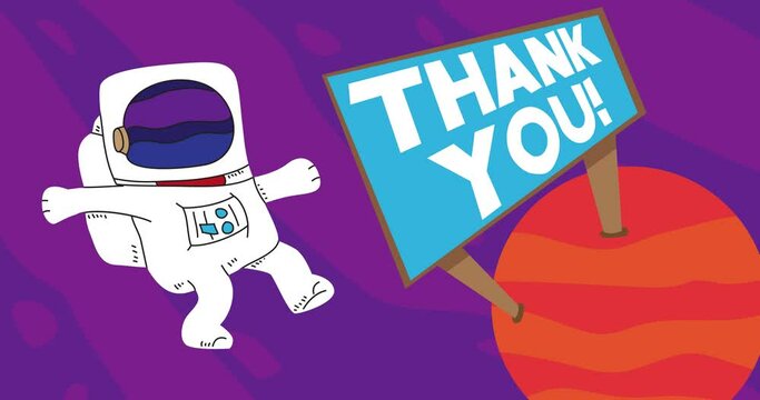 Astronaut adrift near a Red Planet with Thank You Billboard. Abstract cartoon animation. 4k HD Format resolution video.