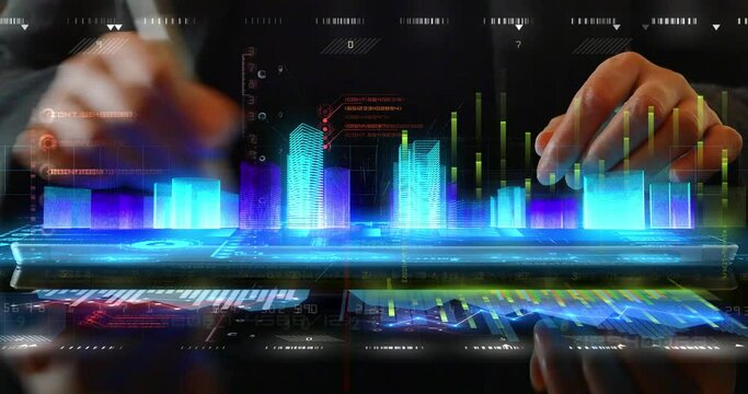 4K Human Finger Turns on Touch Futuristic Screen Button;financial stock chart;Business tech digital Data trend hud Graph;business diagram with charts and stock numbers.Big Data Digital City grouth.