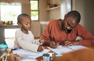 Busy, working and multitasking father talking on phone, writing on paperwork and networking single dad sits with son. Adorable, little and cute boy playing while freelancer parent works from home