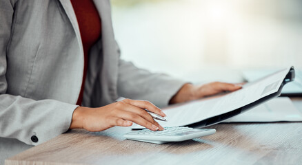Closeup of auditor, banker and business accountant womans hand calculating, planning and doing...