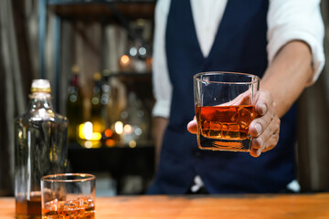 Bartender Serve Whiskey, on wood bar, 