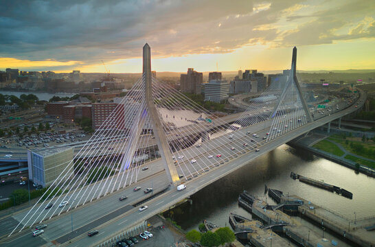 Leonard P. Zakim Bunker Hill Memorial Bridge in Boston looking at Cambridge during Sunset © Peter