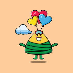 Cute cartoon Chinese rice dumpling mascot is skydiving with balloon and happy gesture cute modern style design 