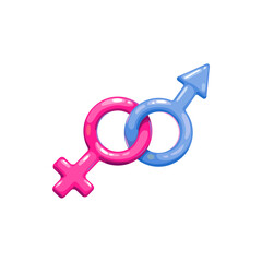 Male and female gender symbols isolated. Vector pink woman and blue man signs crossed together