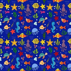 Marine animals seamless pattern. Mixed media. Multicolored background.