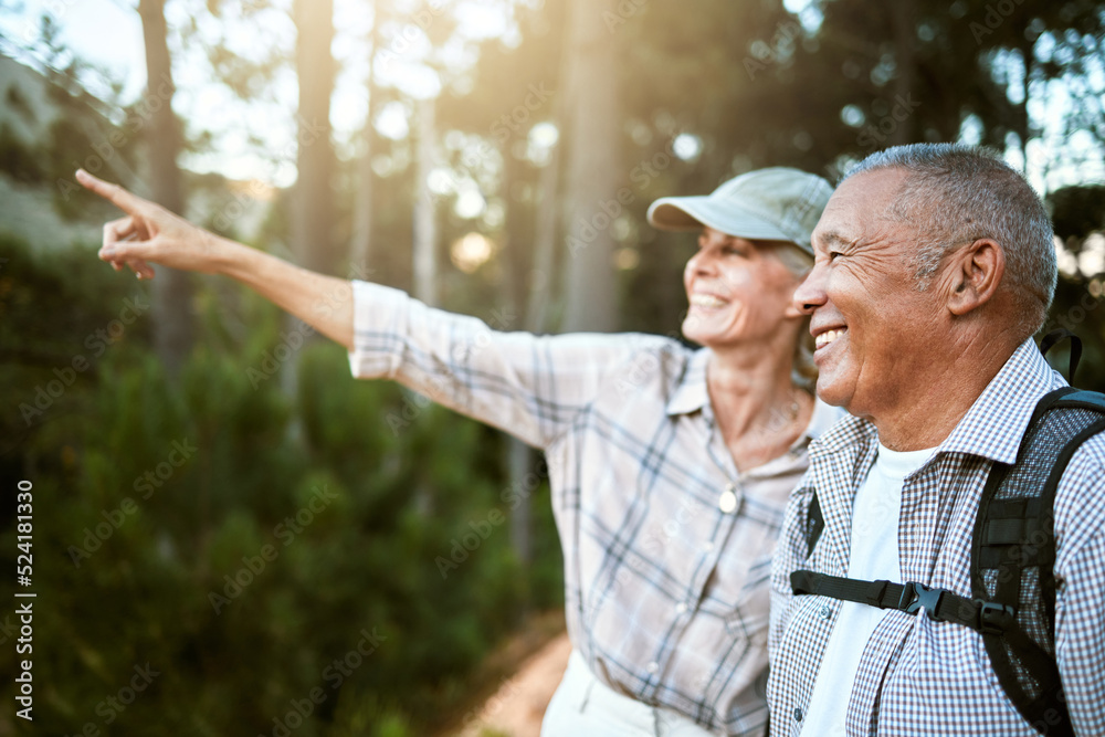 Sticker Hiking, adventure and freedom with a senior couple enjoying and exploring the forest or woods and bonding together. Happy, carefree and exploring retired man and woman looking at the views outdoors