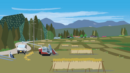 信州の稲刈り農業風景