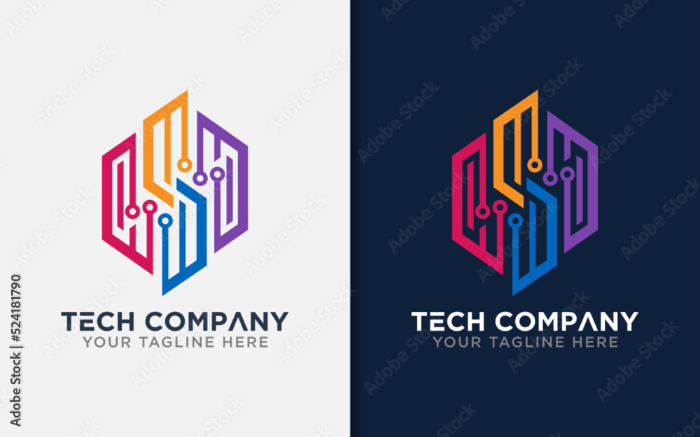 Poster Abstract Hexagon Technology Design. Modern Stylish Tech Logo Design with Colorful Geometric Lines Combination Concept.