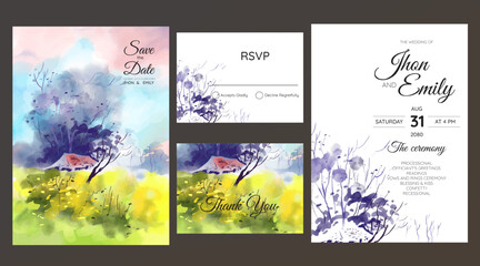 Naklejka na ściany i meble wedding invitation with landscape view watercolor background 