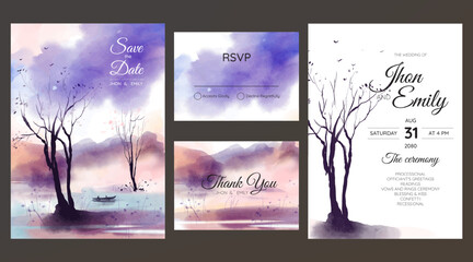 wedding invitation with landscape view watercolor background	