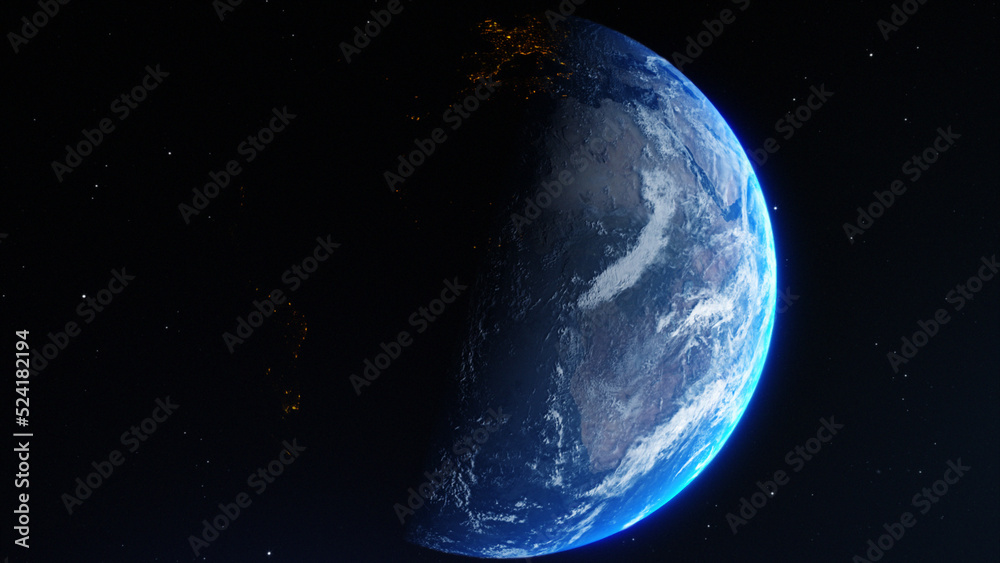 Wall mural earth rotate from space, 3d rendering of globe, sunrise from space, abstract background
