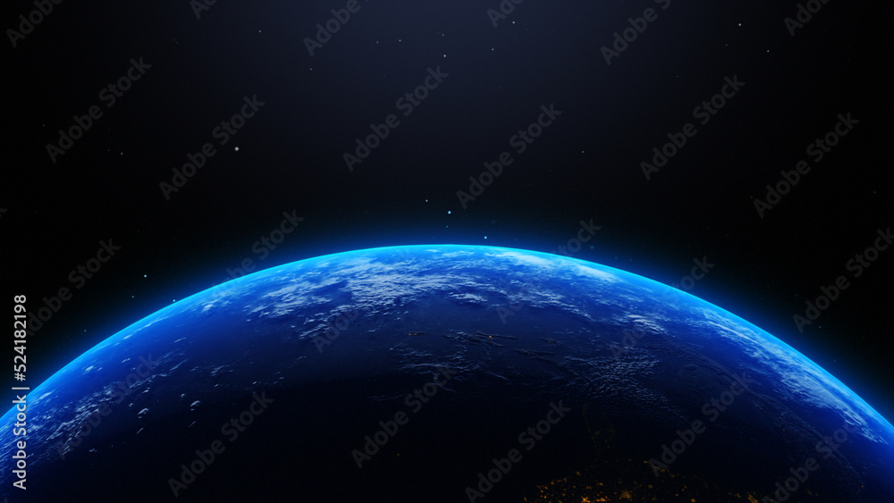 Wall mural earth rotate from space, 3d rendering of globe, sunrise from space, abstract background