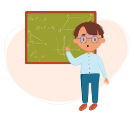 Cute boylearning at school vector illustration. Child answers math at the blackboard at school. Daily routine. Schedule. Illustration on abstract background