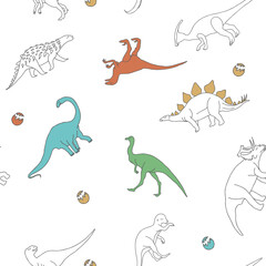Dinosaur seamless pattern. Cute dinosaur vector print for kids. Vector print with cartoon dinosaur.  Dino pastel print for party decor.