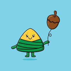 Cute cartoon chinese rice dumpling floating with acorn balloon cartoon vector illustration