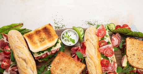 Various of club sandwiches and baguette.