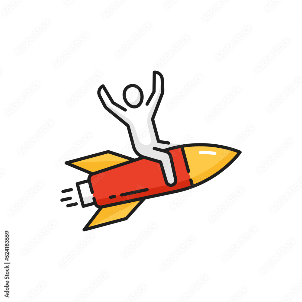 Aufkleber business innovation and startup launch color outline icon with human flying on rocket. idea success,
