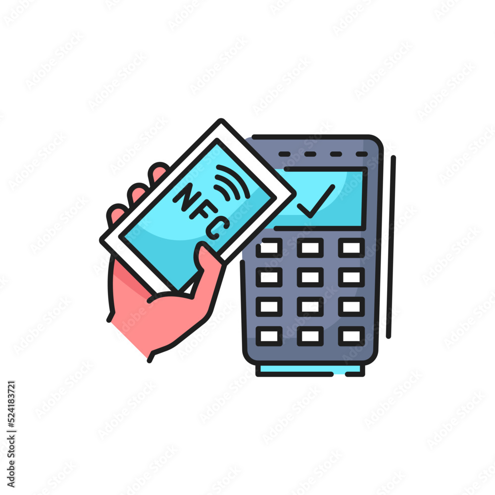 Aufkleber NFC payment technology outline icon with mobile phone and POS terminal. Cashless processing and banking, money digital transaction and near field communication technology thin line vector pictogram