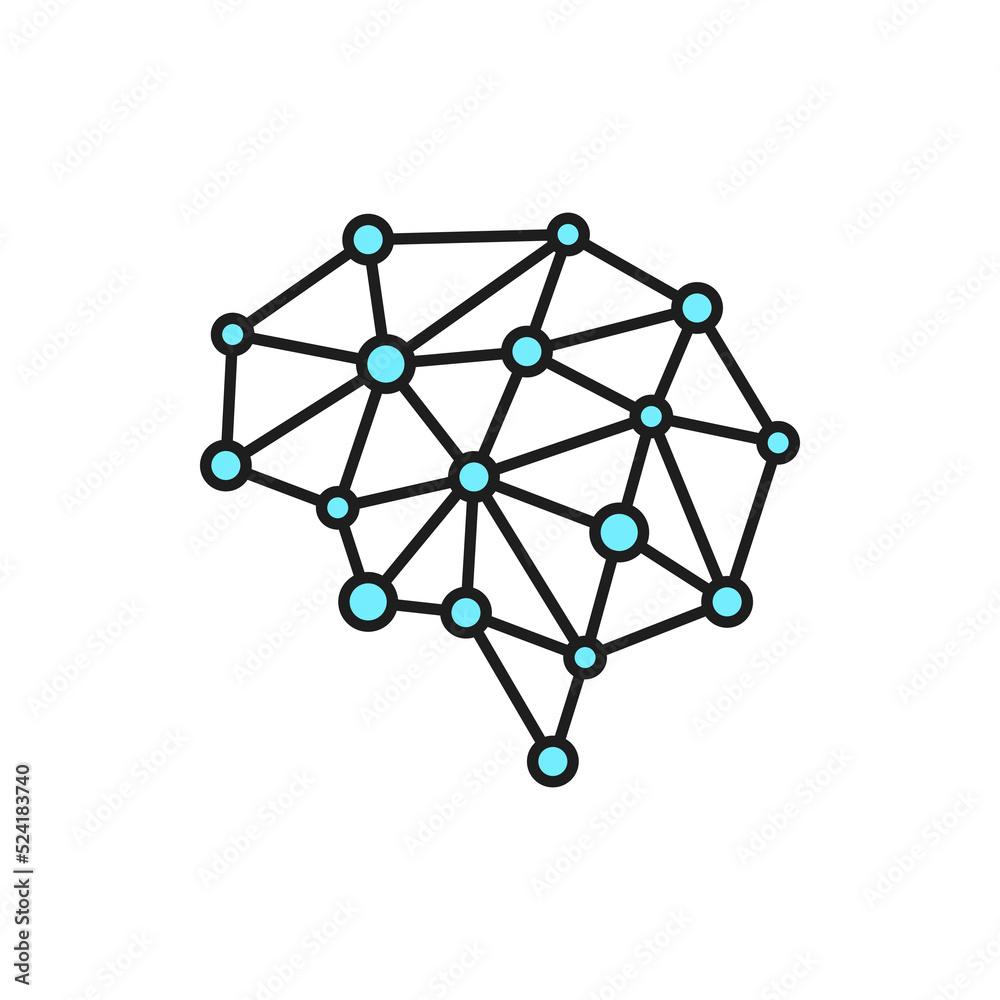 Leinwandbilder Artificial intelligence, machine learning and neural network outline icon with human brain. AI and cybernetic technology, brain neurons study thin line vector sign or minimalistic pictogram