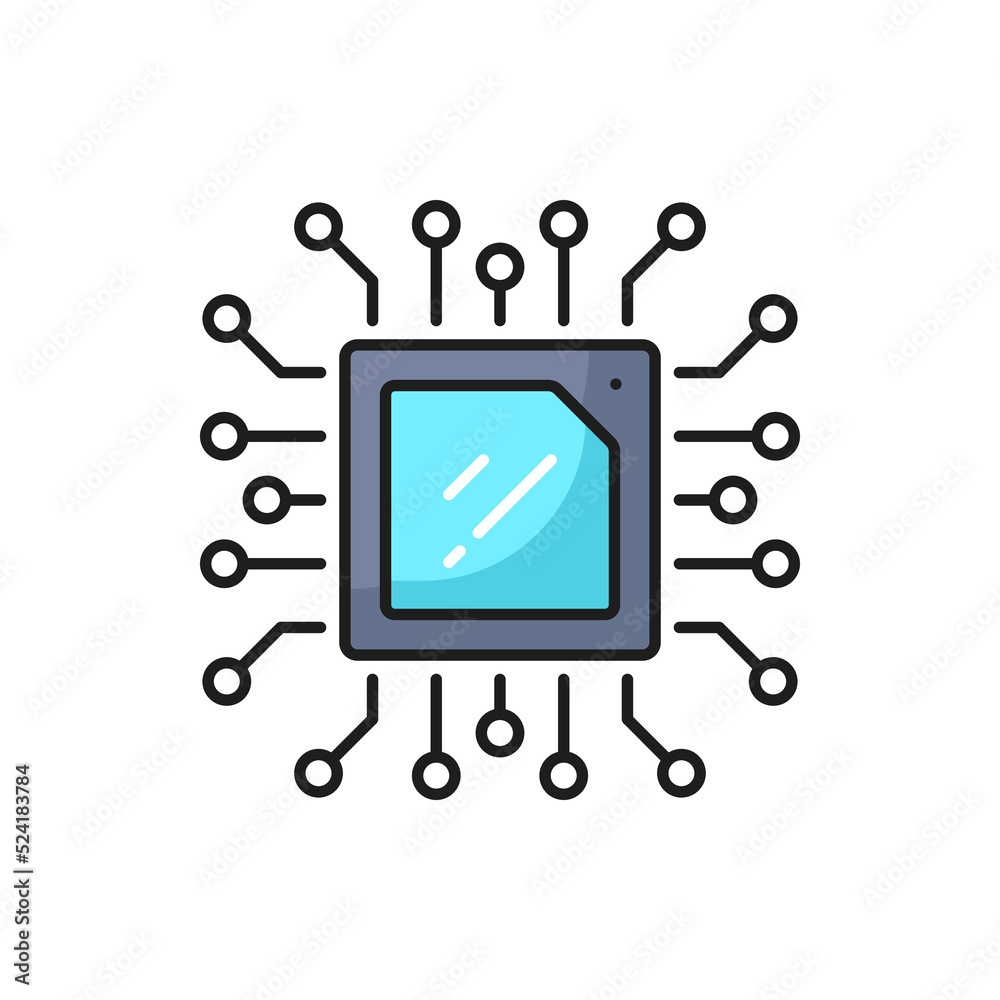 Poster Computer chip, semiconductor technology outline icon. Computer and mobile device hardware, microchip engineering thin line vector symbol or pictogram with microprocessor on motherboard