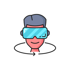 Virtual and augmented reality technology outline icon with man wearing VR glasses. Future gaming, entertainment and education, virtual world 360 experience thin line vector symbol or linear pictogram