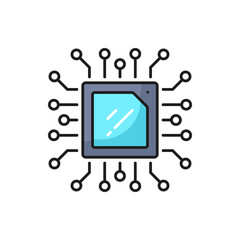 Computer chip, semiconductor technology outline icon. Computer and mobile device hardware, microchip engineering thin line vector symbol or pictogram with microprocessor on motherboard