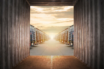 Inside View in Cargo Container. Cargo Trucks Parked Lot with The Sunset Sky. Shipping Container. Delivery Transit. Distribution Freight Trucks Logistics Transport.	
