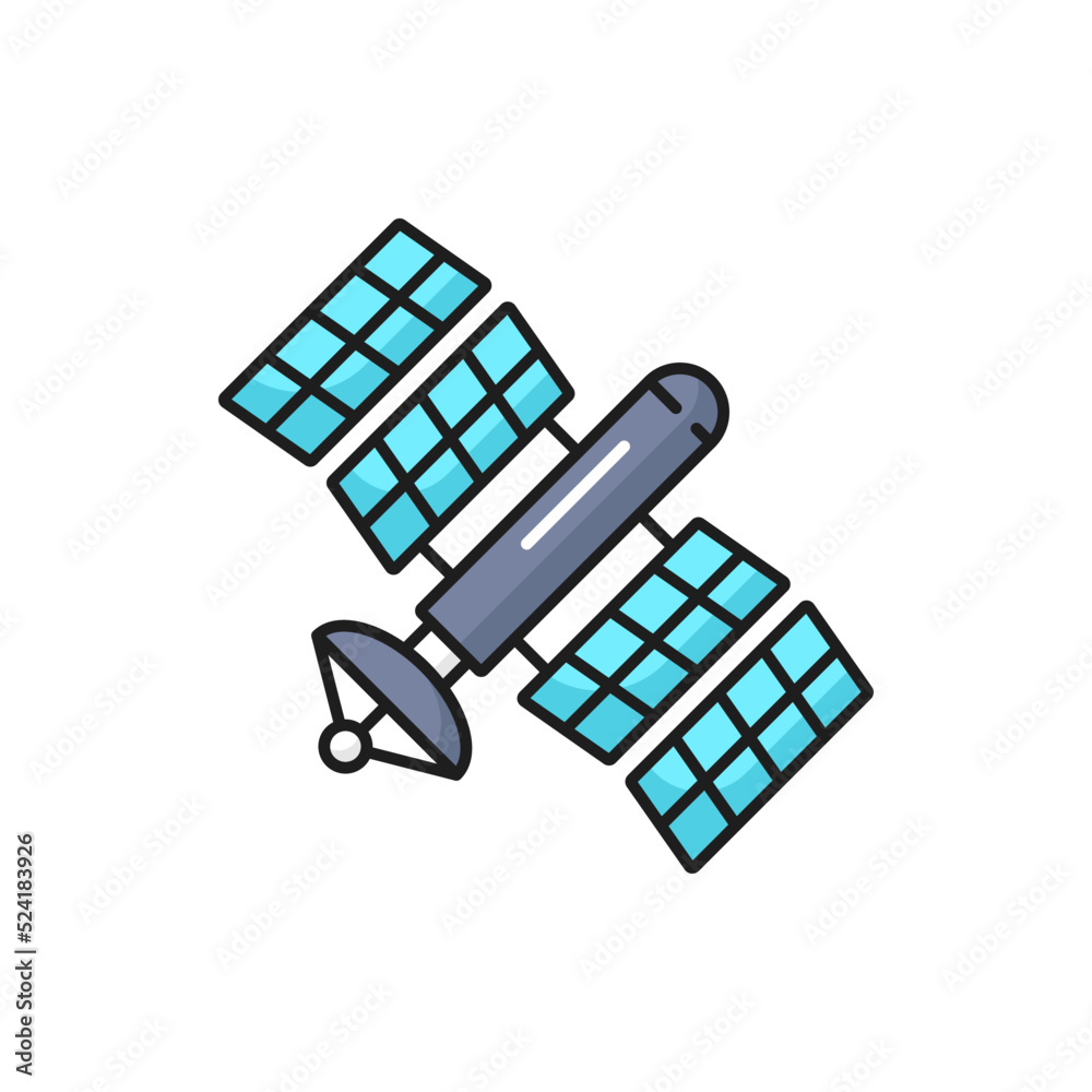 Poster space satellite technology outline icon. internet and radio broadcast, communication satellite and a