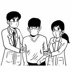 cartoon doctors and nurses treating patients at the hospital