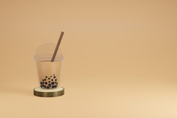 Bubble tea on wooden podium stand in brown background 3D illustration