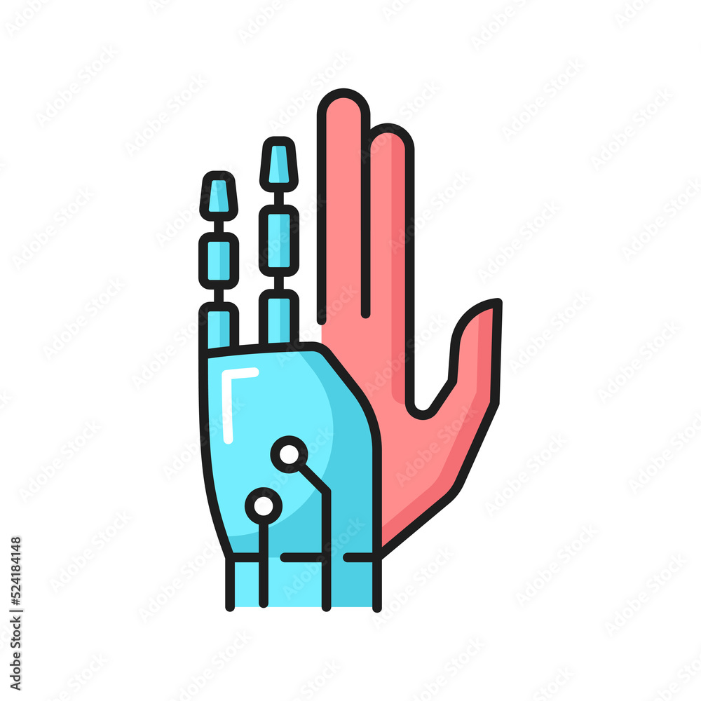 Poster ai innovation or prosthesis future technology outline icon with human hand with robotic fingers. mac