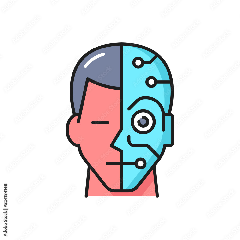 Leinwandbilder Artificial intelligence, robotic technology outline icon with human and cyborg face. Intelligent machine, humanoid robots and AI innovation thin line vector symbol or icon