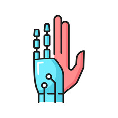 AI innovation or prosthesis future technology outline icon with human hand with robotic fingers. Machine learning, bionic limbs and artificial intelligence innovation thin line vector symbol