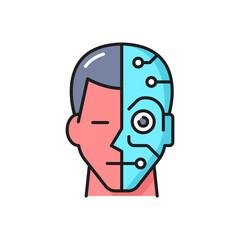 Artificial intelligence, robotic technology outline icon with human and cyborg face. Intelligent machine, humanoid robots and AI innovation thin line vector symbol or icon