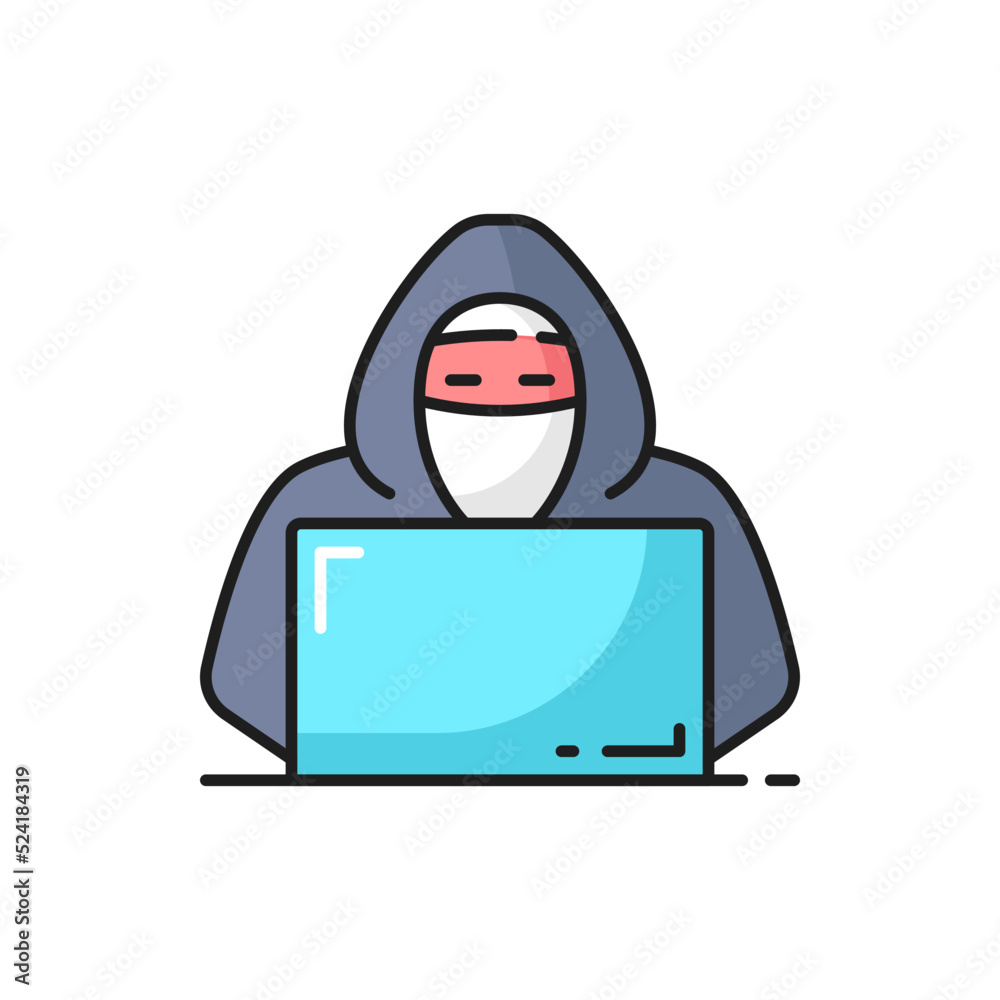 Fototapete hacker in mask typing on laptop outline icon. internet security and protection, online fraud, data t