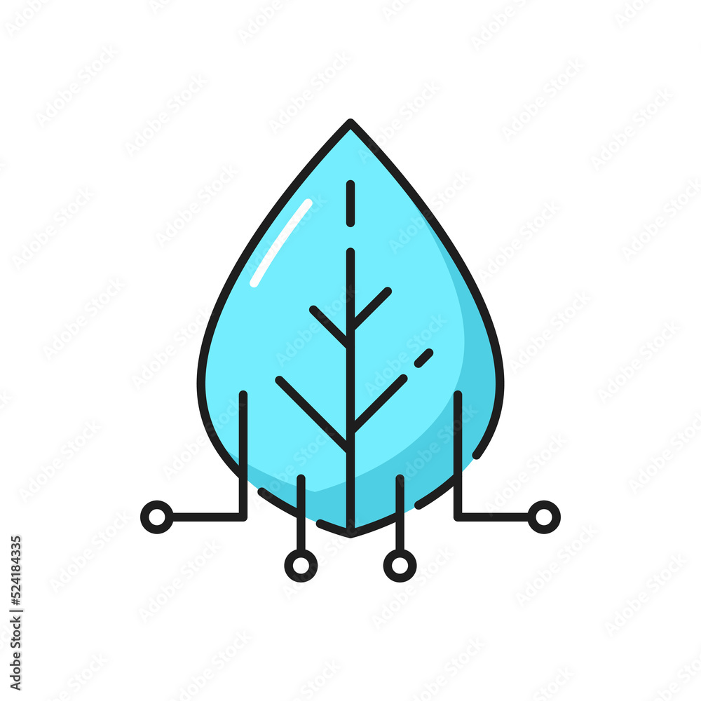 Poster Modern technology innovation, science tech outline icon with blue leaf and computer motherboard traces. Electronics invention, biotechnology and engineering thin line vector minimalistic pictogram