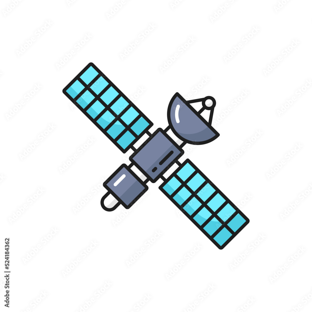 Poster space satellite with solar panels and antenna outline icon. communication and telecom technologies, 