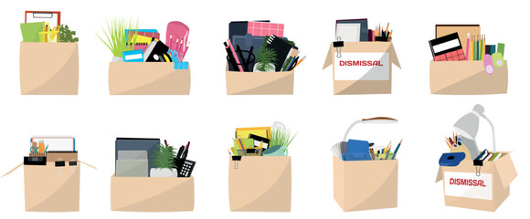 Boxes with personal things of dismissed workers on white background