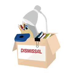 Box with personal things of dismissed worker on white background