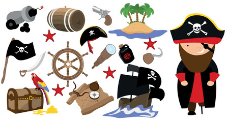 Different clip art for Pirate Day on white background