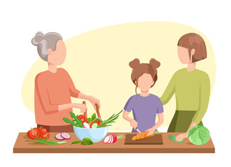 The family is cooking. Grandma, mom and daughter in the kitchen. Cartoon design

