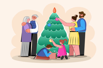 Big family decorating beautiful Christmas tree at home