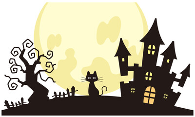 ハロウィンのシルエット（おばけの木、猫、館）と月のイラスト素材。