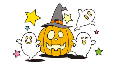 魔女の帽子を被ったカボチャとおばけと飛び出す星のイラスト素材。