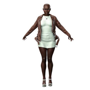 Urban Fantasy African-American Woman in Dress and Leather Jacket, 3D Rendering, 3D illustration
