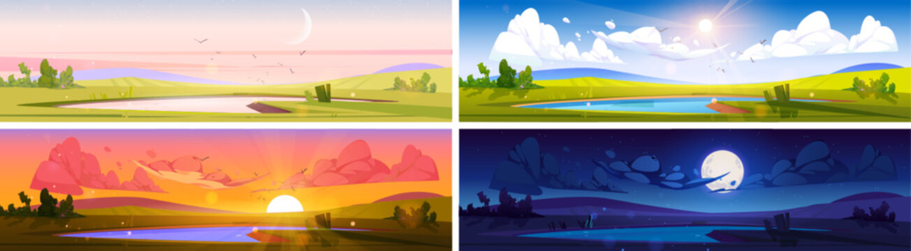 Cartoon nature landscape day time set. Pond at green field with bushes at early morning, evening sunset and night with moon. Scenery background with lake, natural scenes, Vector illustration, set